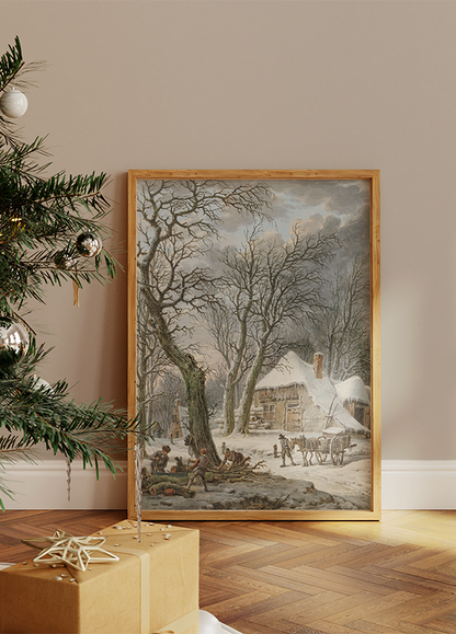 a painting of a winter scene on a wall next to a christmas tree