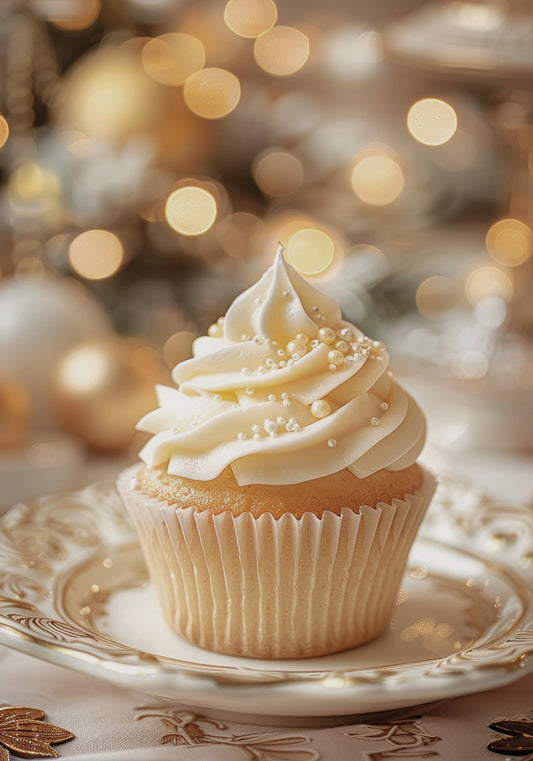 a cupcake on a plate with a christmas tree in the background