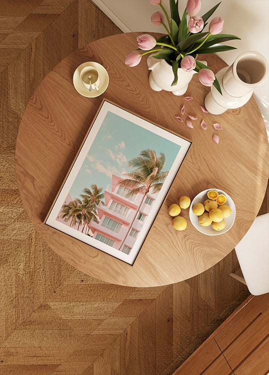 Pastel Building with Palm Trees Poster