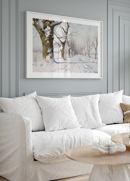 a living room with a white couch and a coffee table