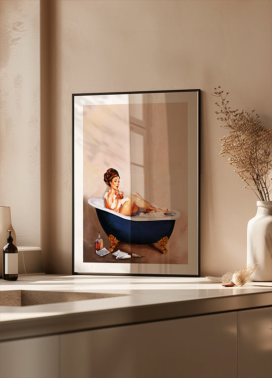 Bathtub Drinks: Pinup Girl Drinking In Bathroom Poster