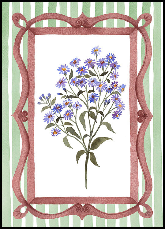 Asters in an Ornate Frame - Sage Green Stripes Poster