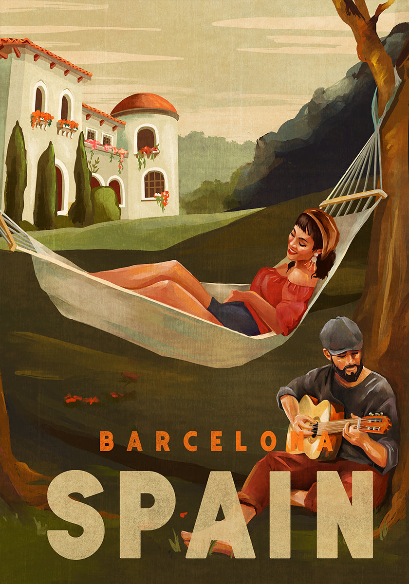 Barcelona Spain Guitar Player Travel Art Poster