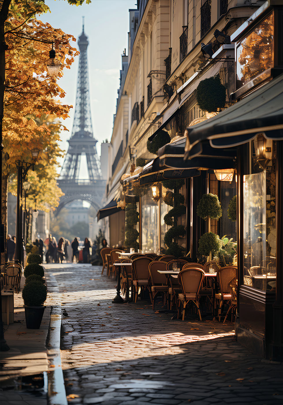 a street with tables and chairs in front of the eiffel tower