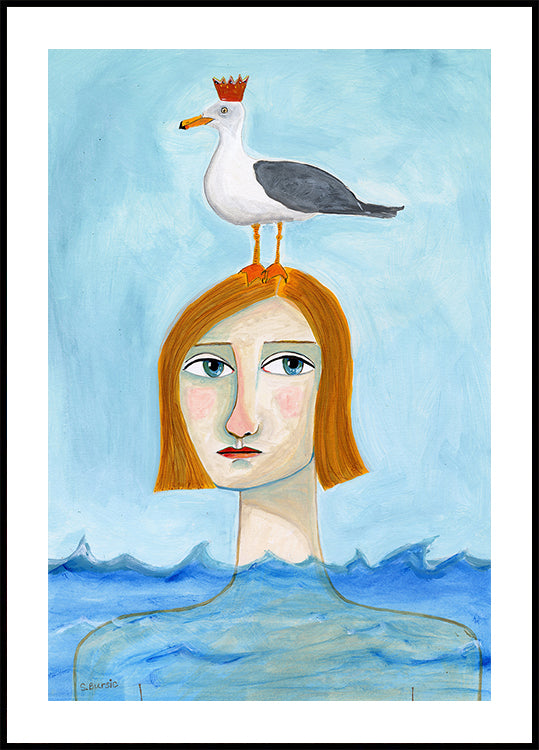 Nude Lady in Ocean with Seagull Poster