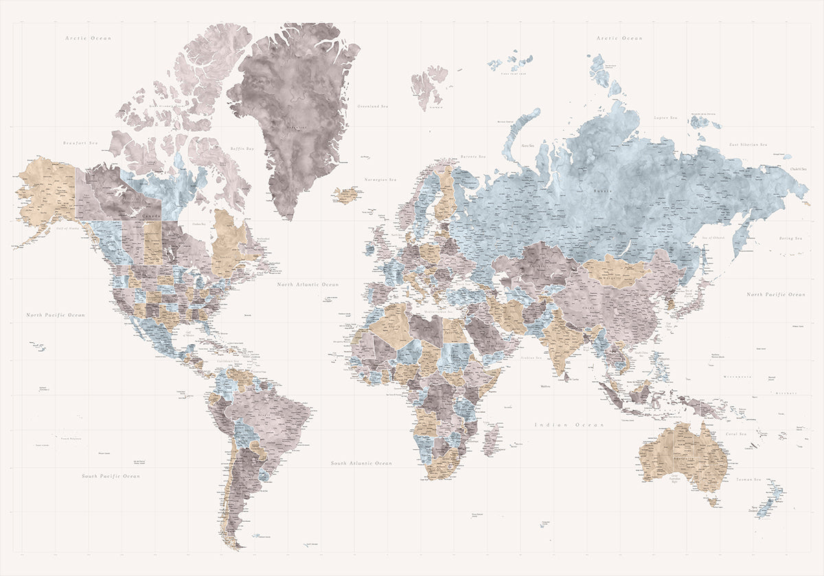 Mahler highly detailed world map with cities Poster
