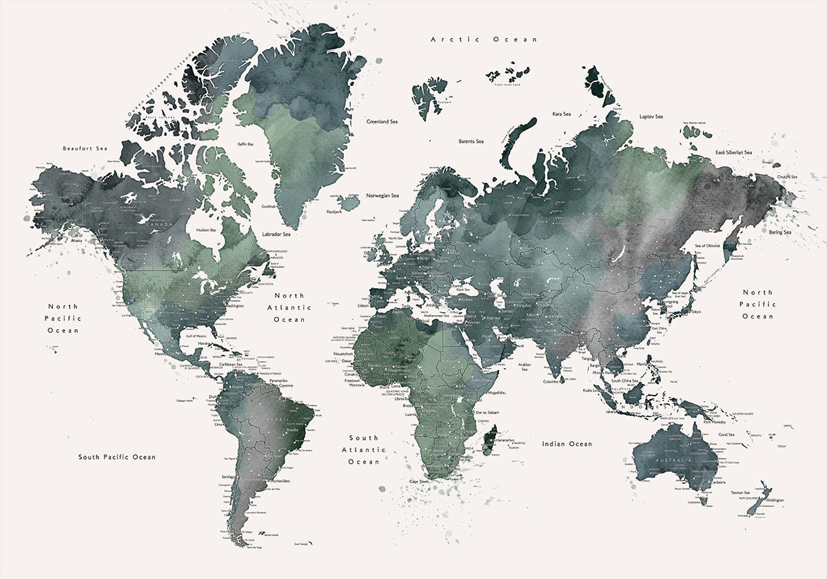Watercolor world map with cities, Makoa Poster