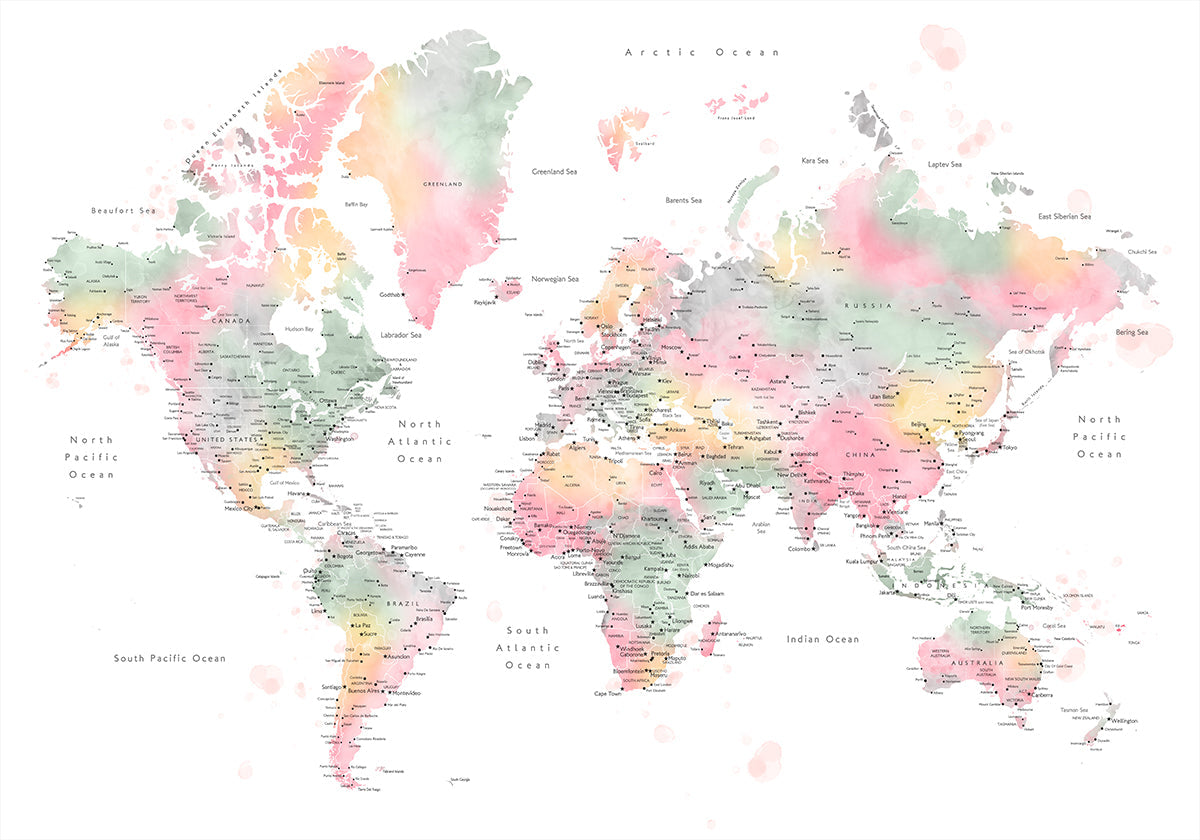 Pastel watercolor world map with cities Poster