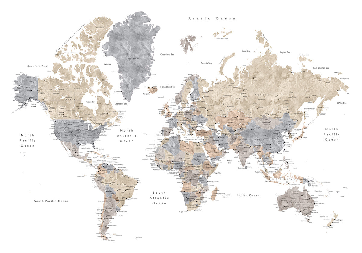 Watercolor world map with cities, Gouri Poster