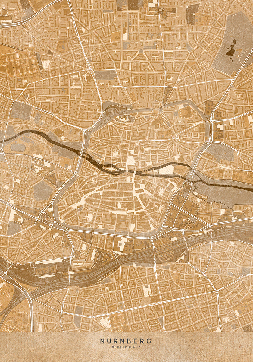 Sepia vintage map of Nürnberg downtown Germany Poster