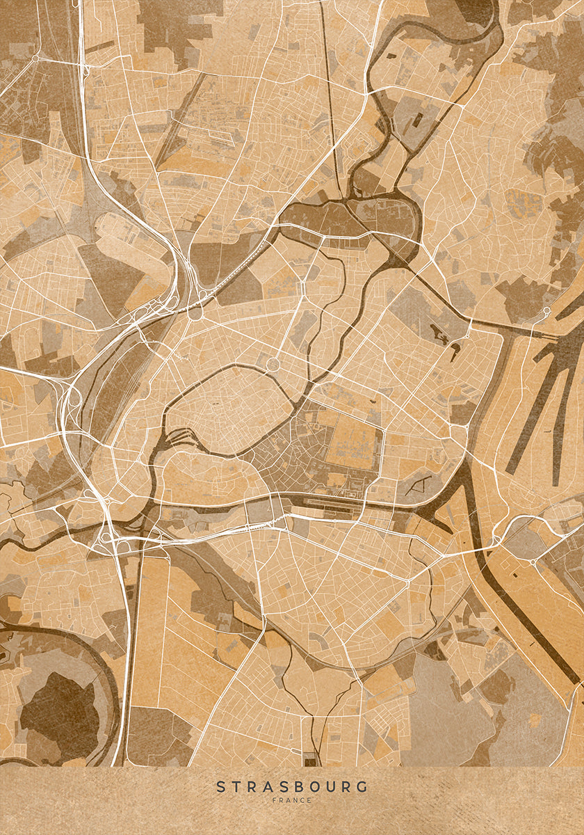 Sepia vintage map of Strasbourg France Poster