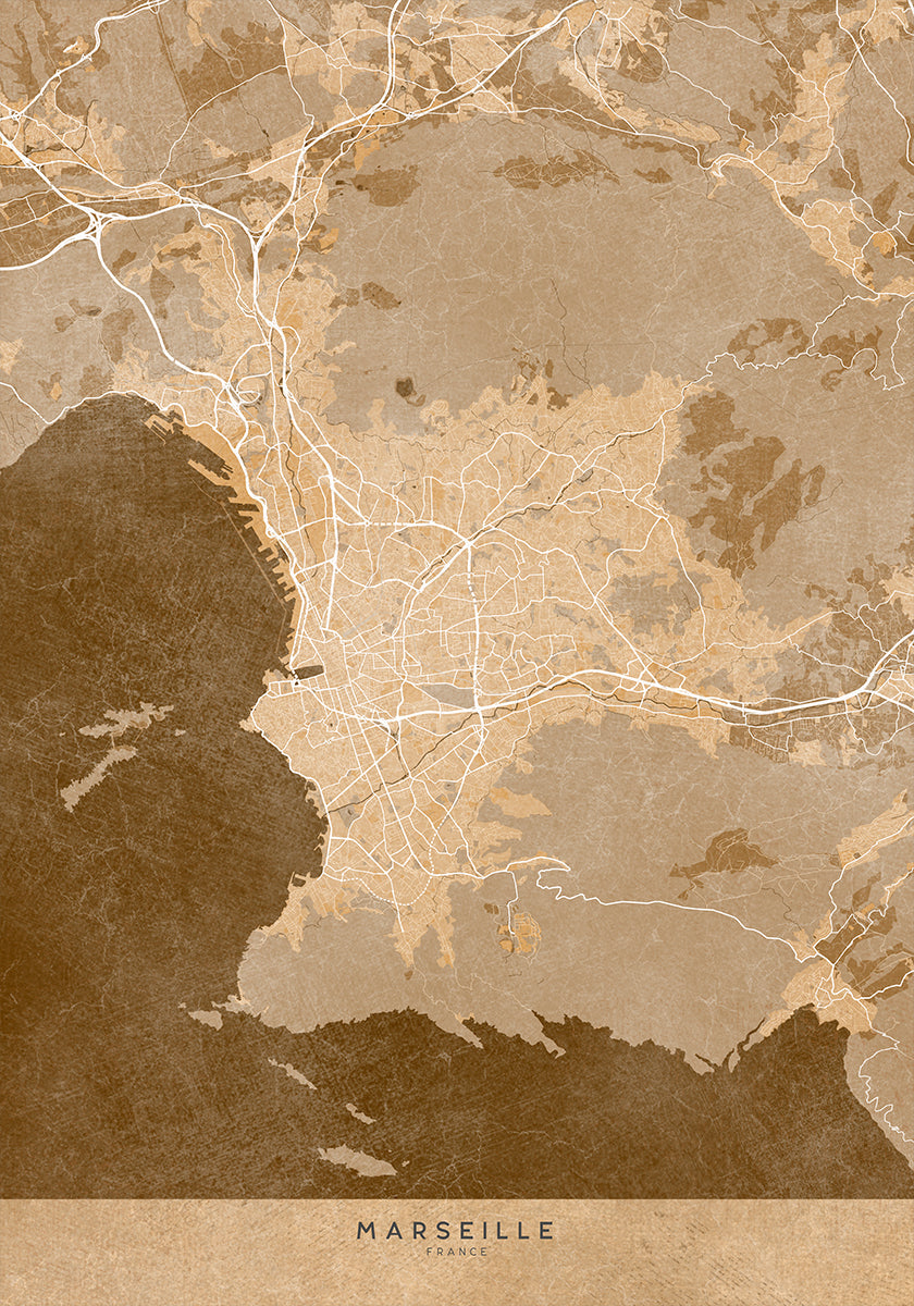 Sepia vintage map of Marseille France Poster
