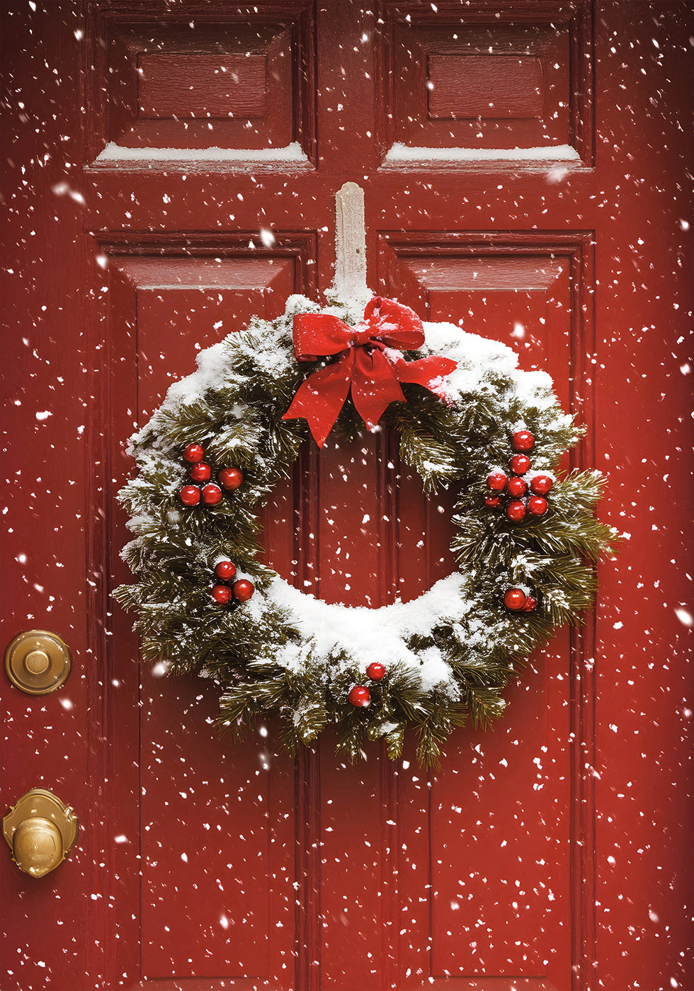 a red door with a wreath and bells on it