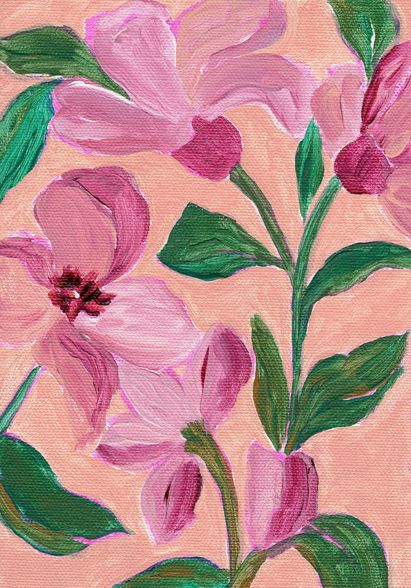 Pink Flowers With Bold Green Leaves Poster