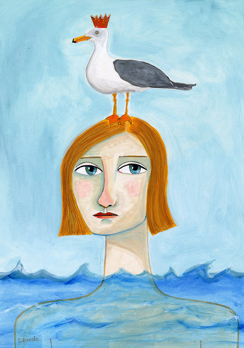 Nude Lady in Ocean with Seagull Poster