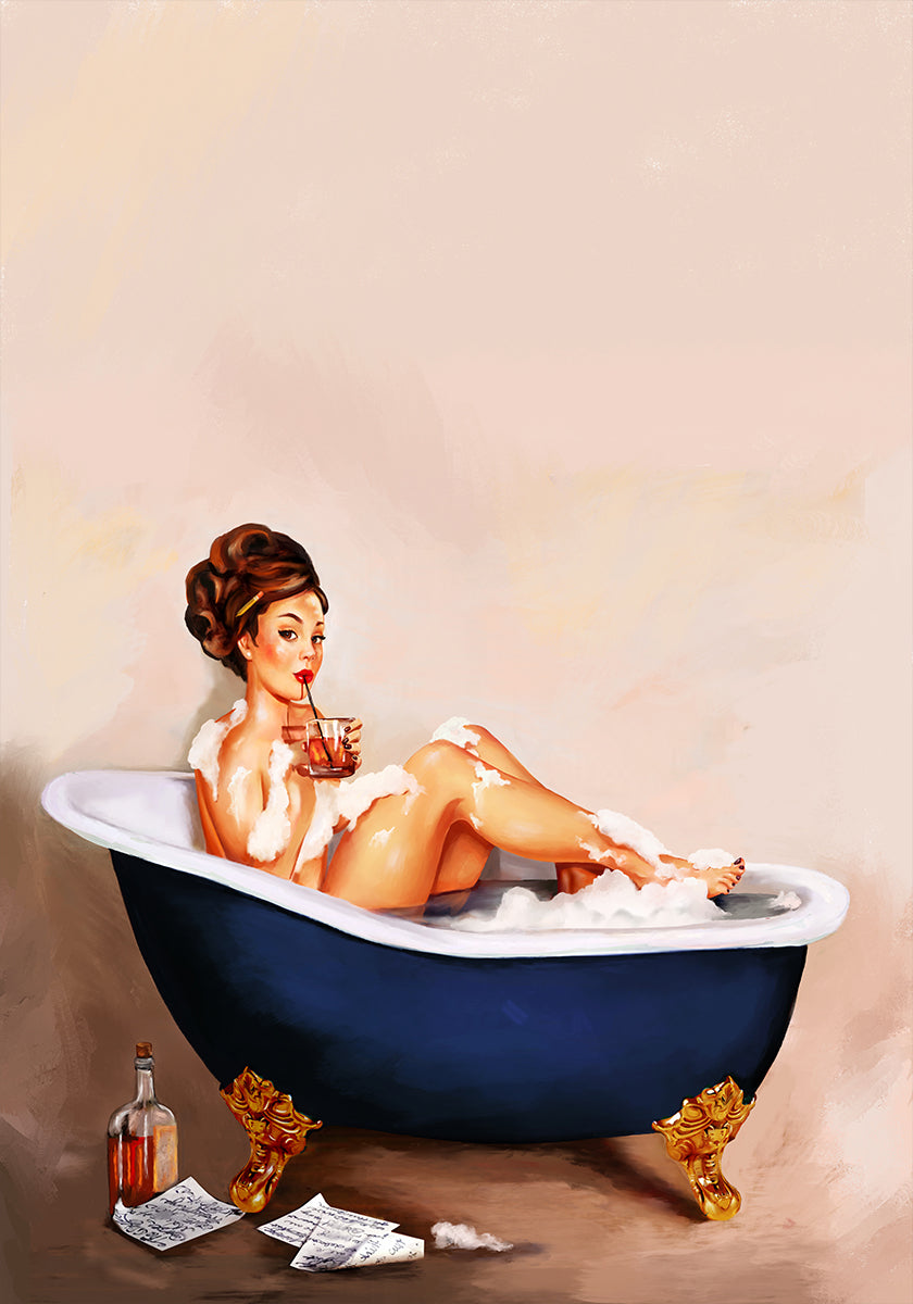 Bathtub Drinks: Pinup Girl Drinking In Bathroom Poster