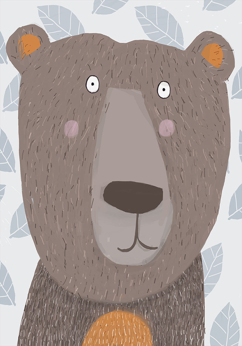Cute Brown Bear with Grey Leaf Pattern by Artist Carla Poster