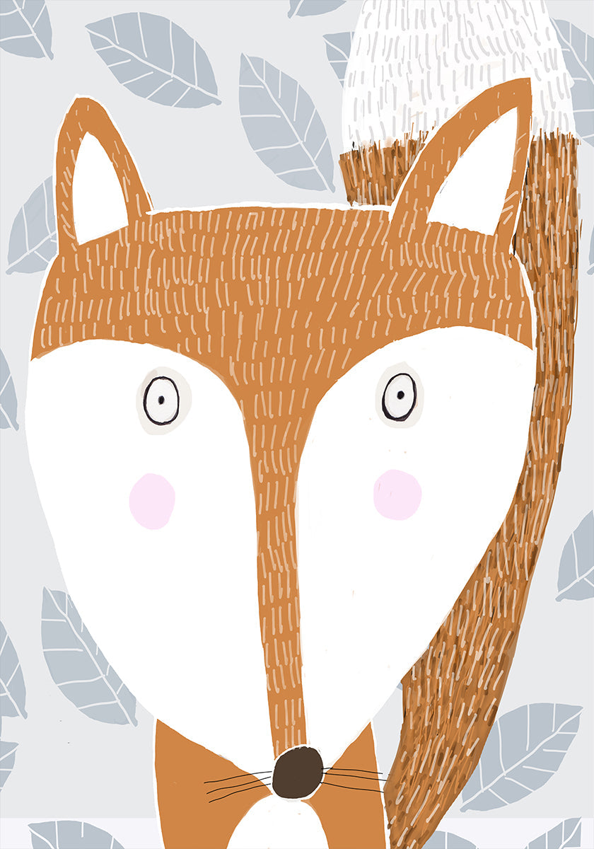 Cute Red Fox with Grey Leaf Pattern by Artist Carla Daly Poster