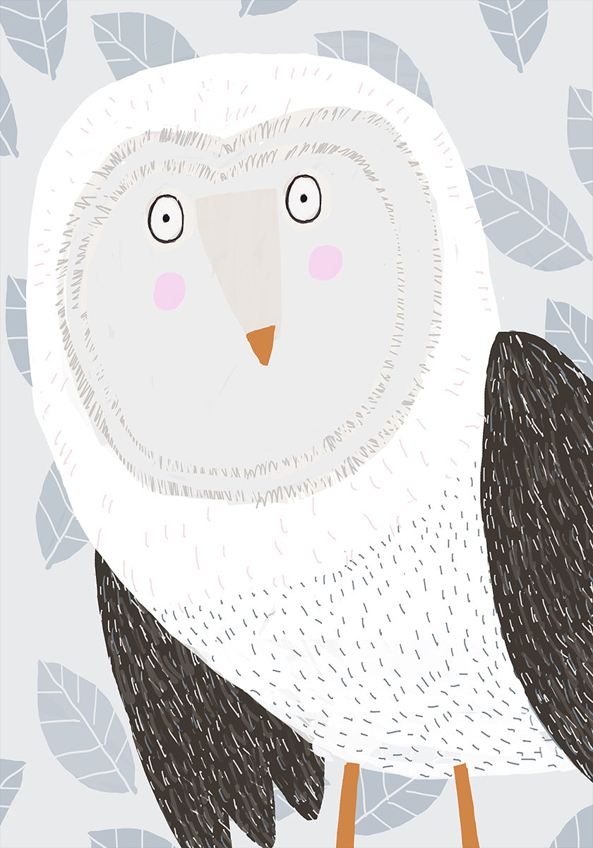 Funny Winter Owl with Grey Leaf Pattern by Artist Carla Daly Poster