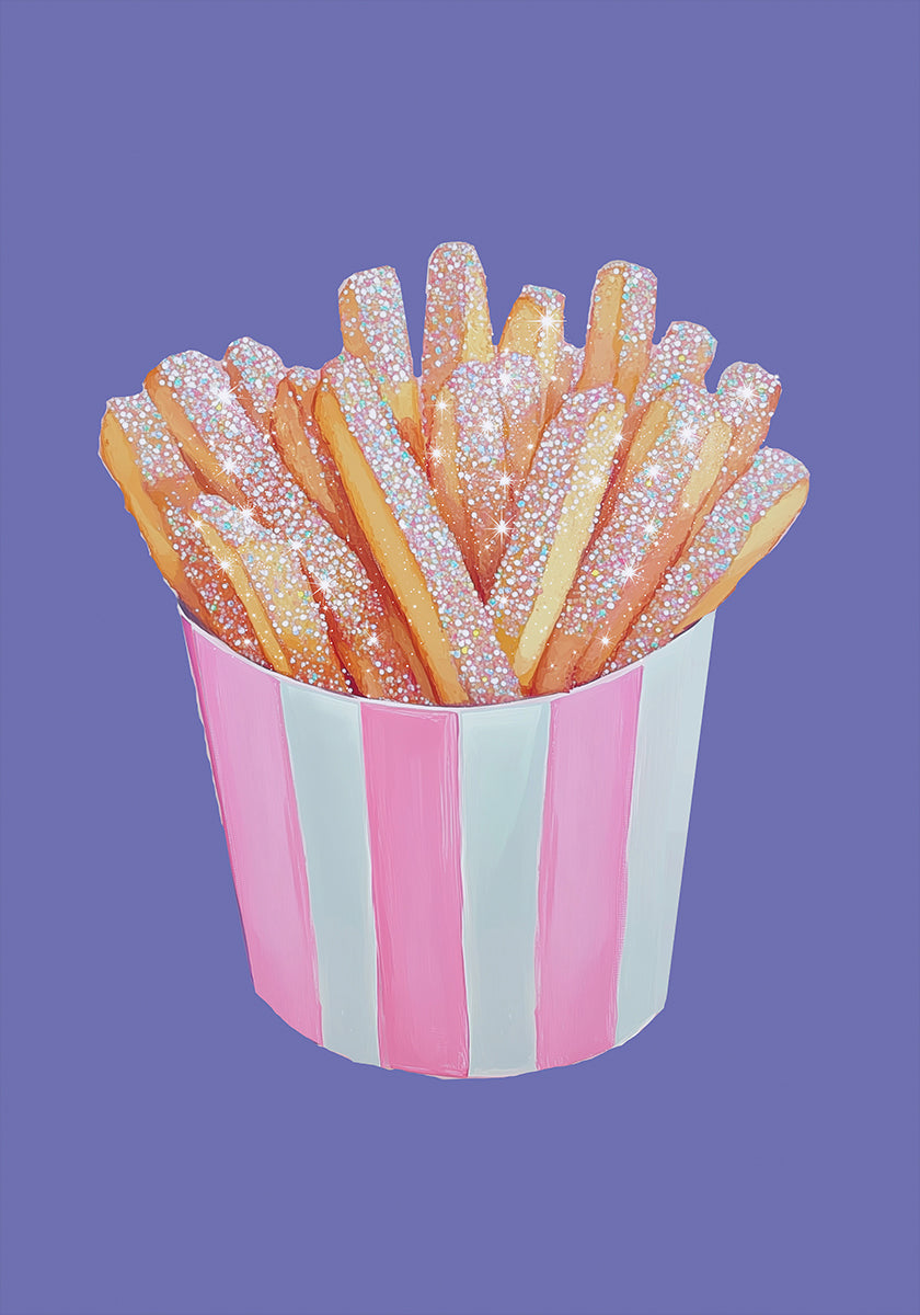 Glitter French Fries in Pink Striped Cup - Unique Food Art Poster