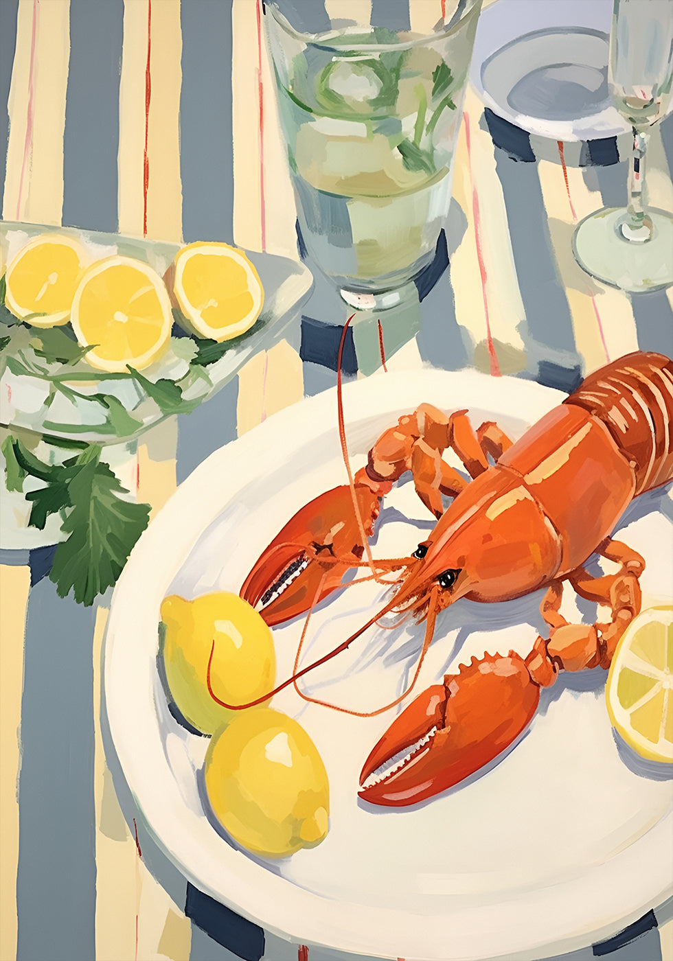 Lobster Lunch, Lemon and Linen, Coastal Table Scene Poster
