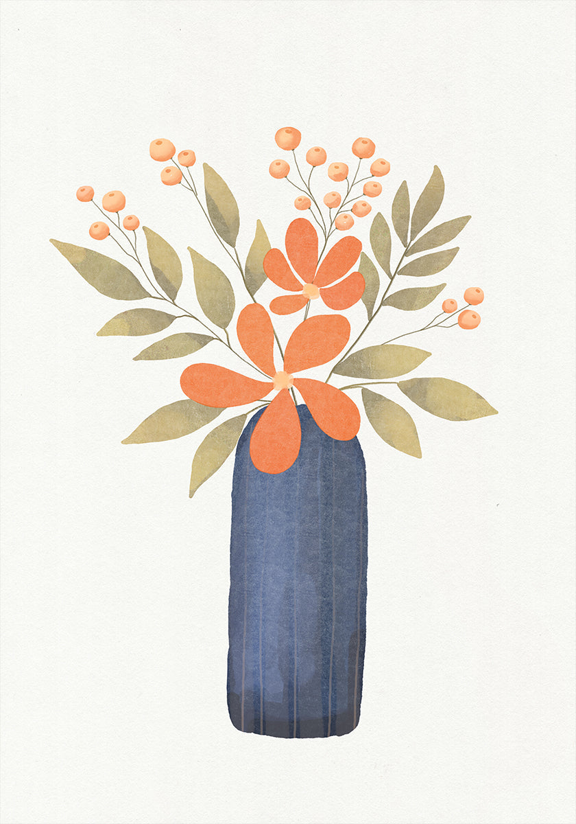 Orange Flowers In A Blue Vase Poster
