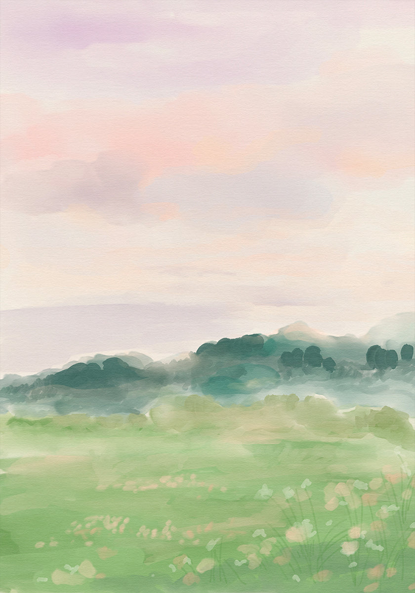 Misty Morning Fields Poster