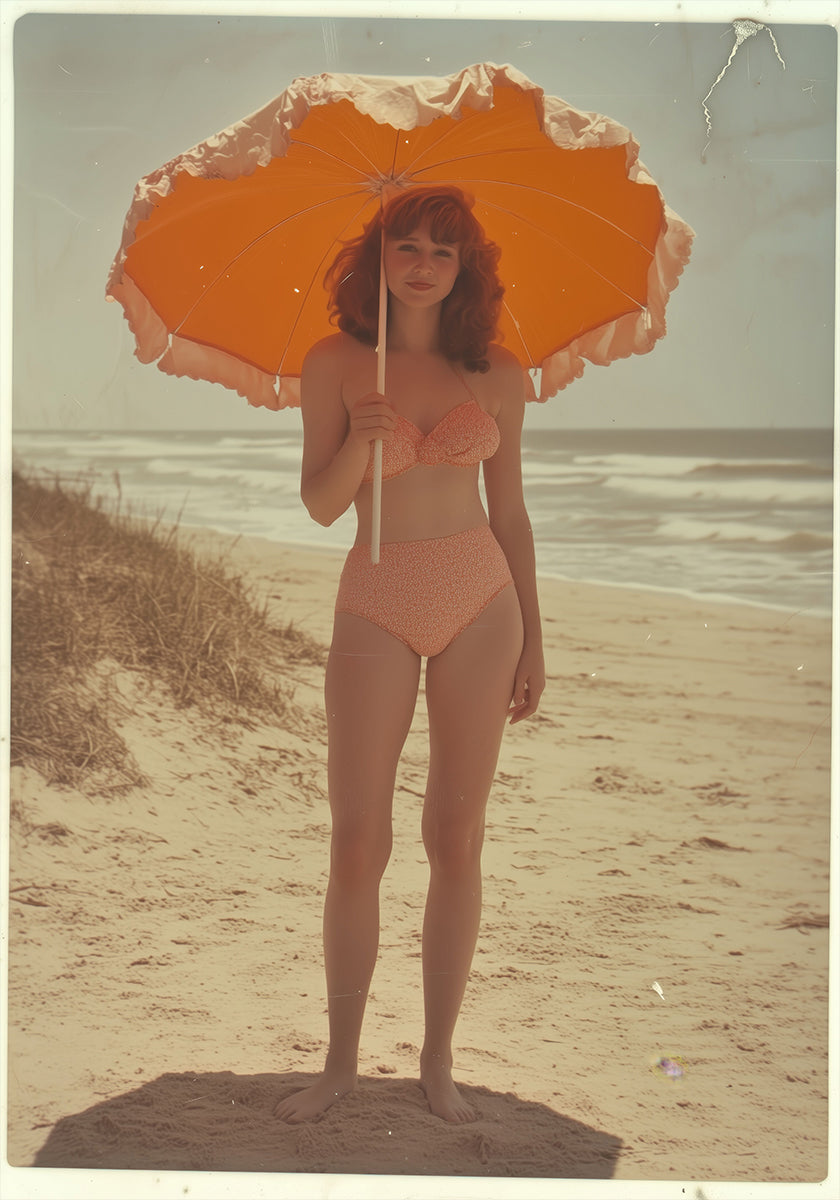Retro Nostalgic Summer Girl Holding  Sun Umbrella Poster