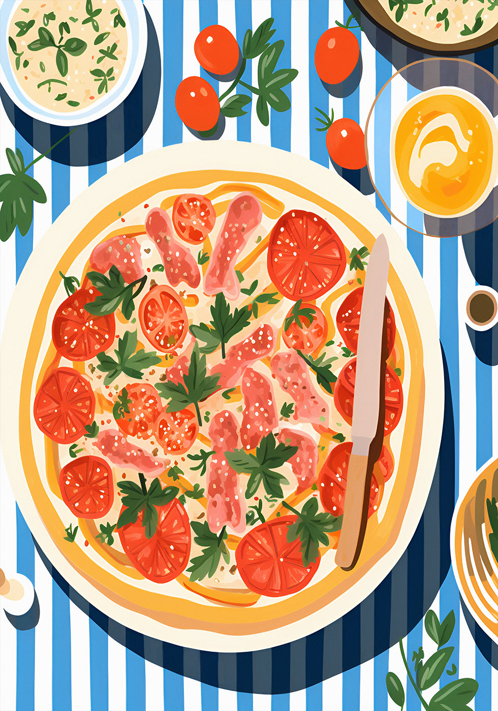 Italian Pizza, Tomato Parsley Topping, Striped Table Poster