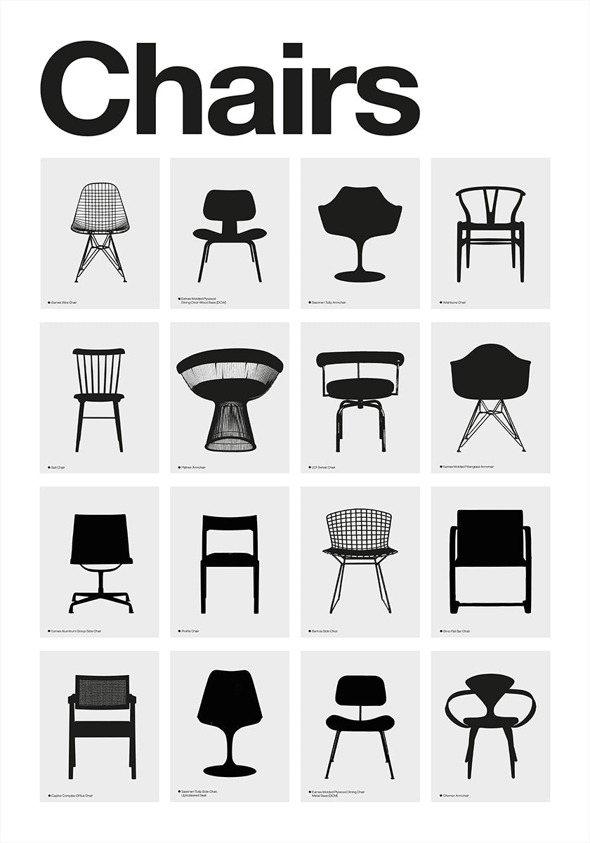 Iconic Chair Collection Poster: Black &amp; White Minimalist Art Poster