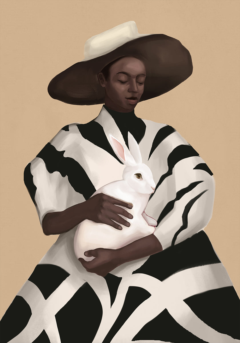 Woman In Stripes Holding a White Rabbit Poster