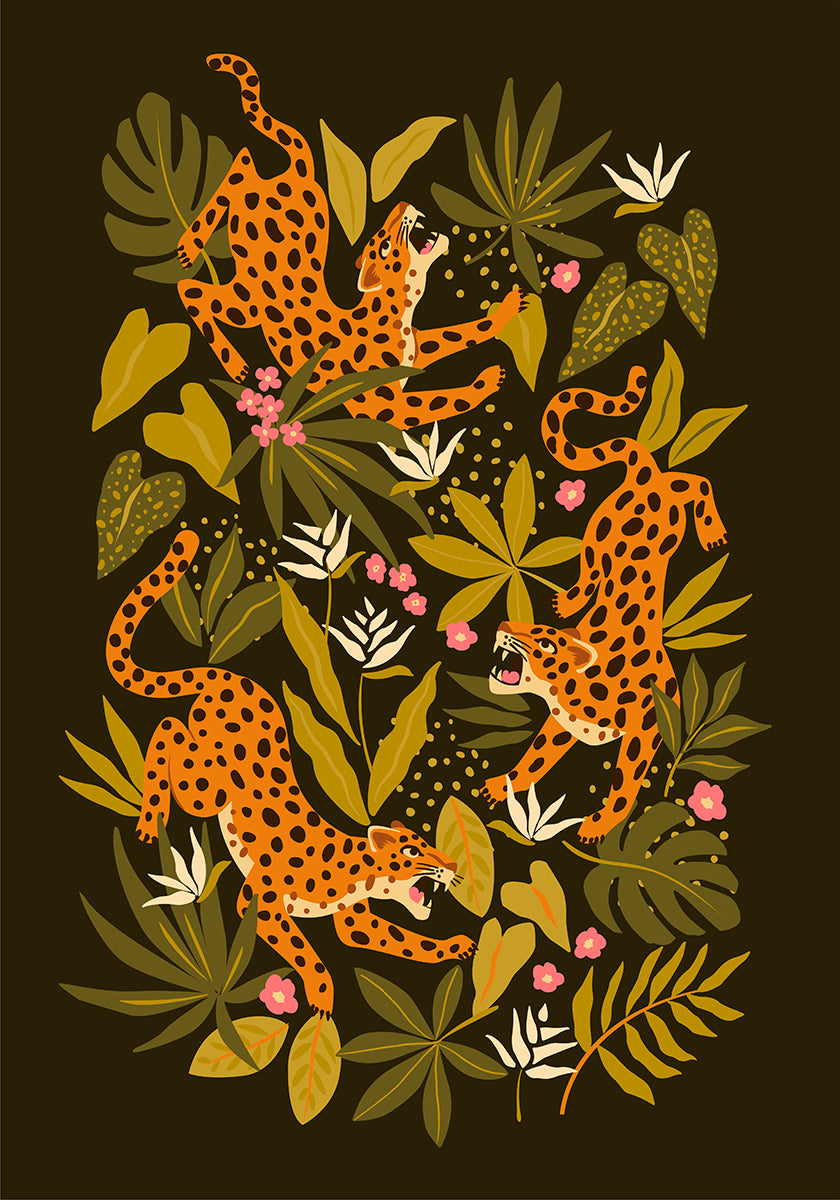 Leopards or jaguars with tropical leaves and plants on dark black background Poster