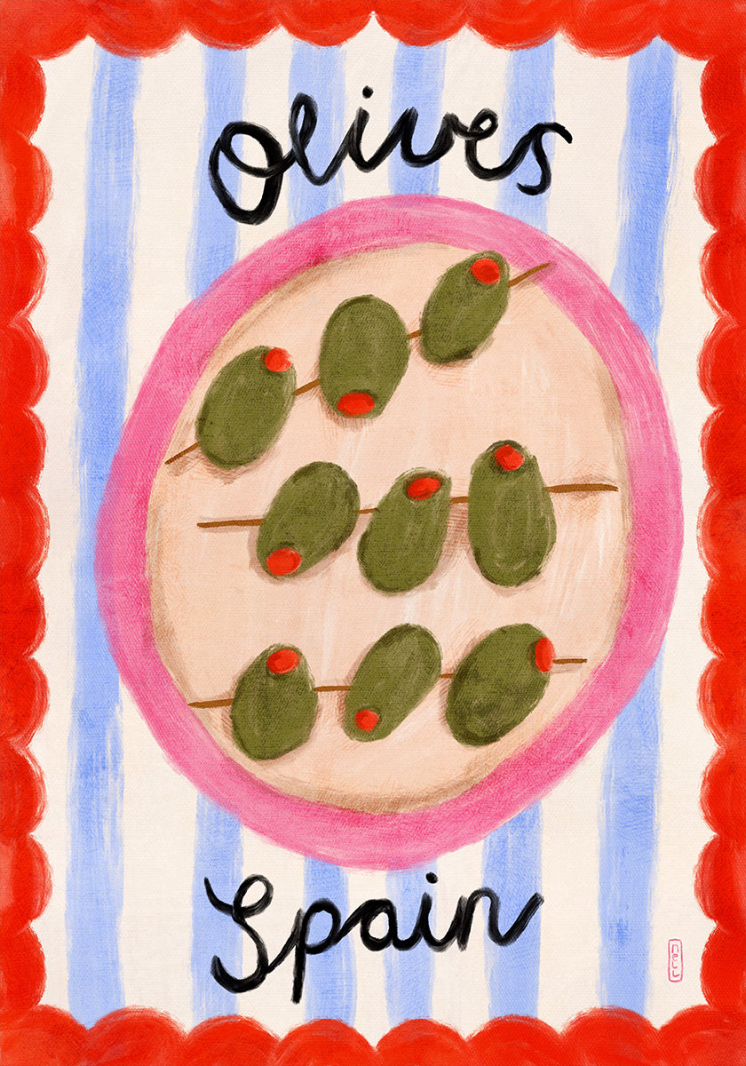 A Plate of Olives From Spain Food Illustration Poster