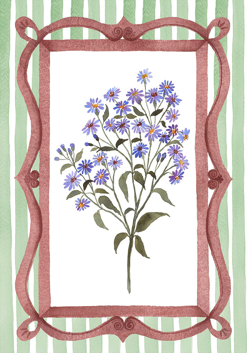 Asters in an Ornate Frame - Sage Green Stripes Poster