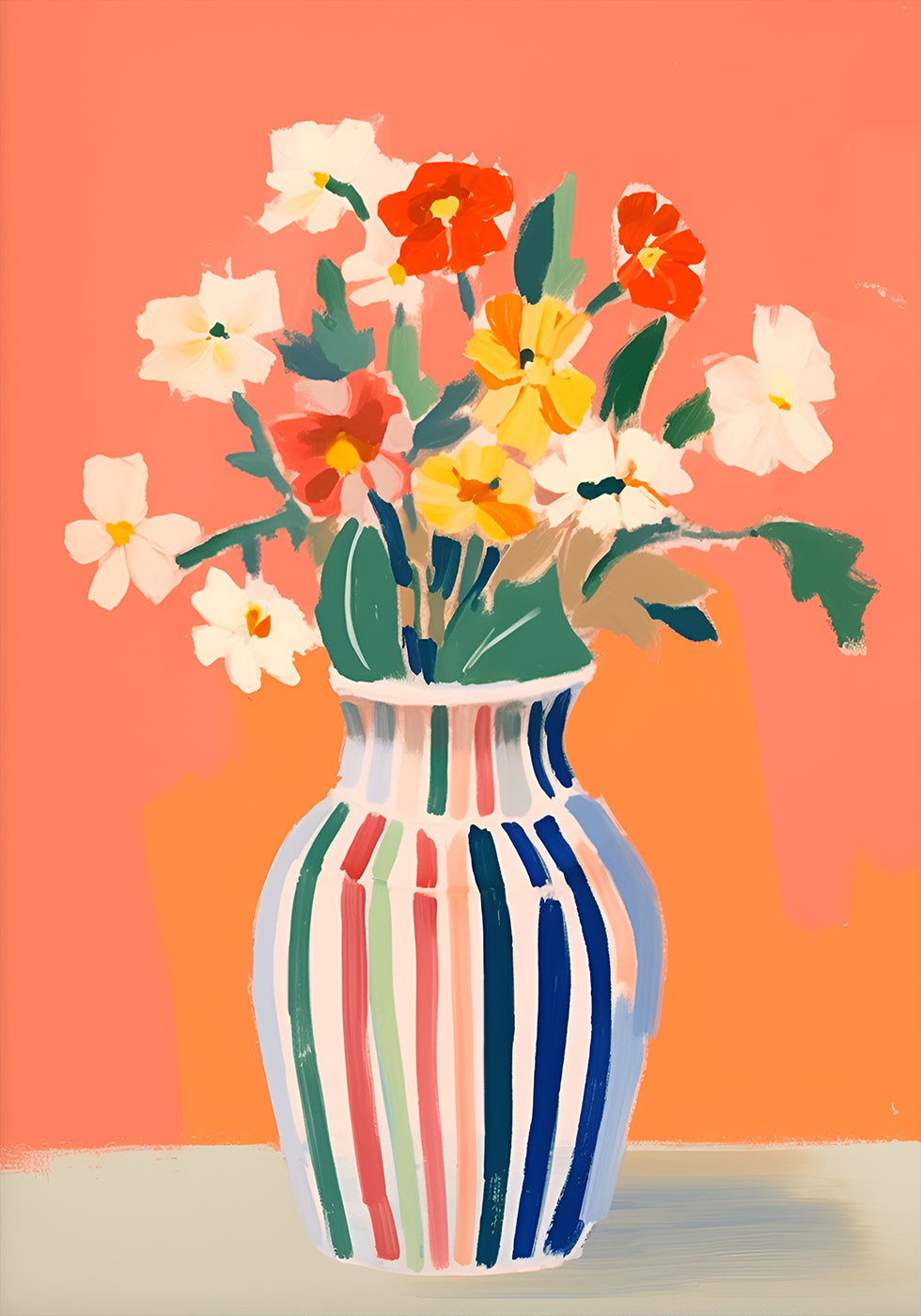 Wildflowers, Striped Vase, Coral Background Poster