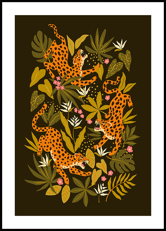 Leopards or jaguars with tropical leaves and plants on dark black background Poster