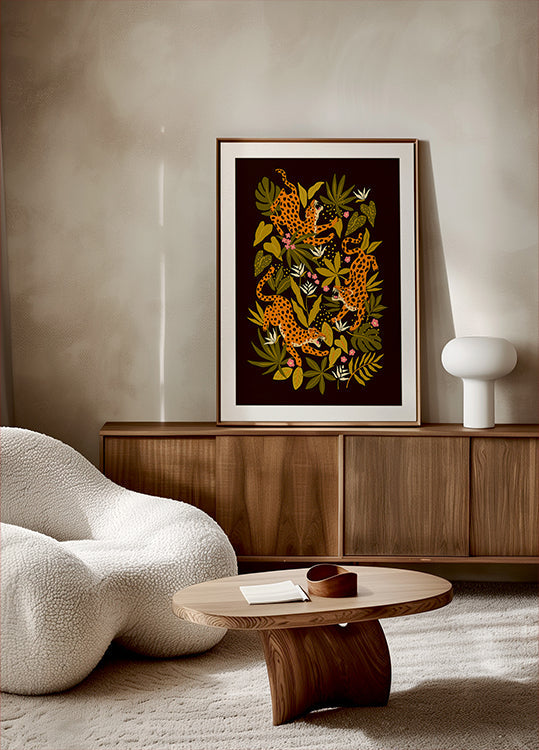 Leopards or jaguars with tropical leaves and plants on dark black background Poster