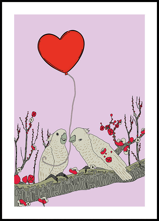 Two Birds Perched On A Branch Poster