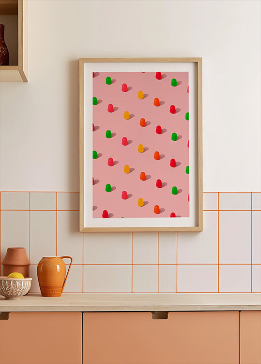 Dots Candy Gum Drops - Repeating Pattern On Pink Background Poster