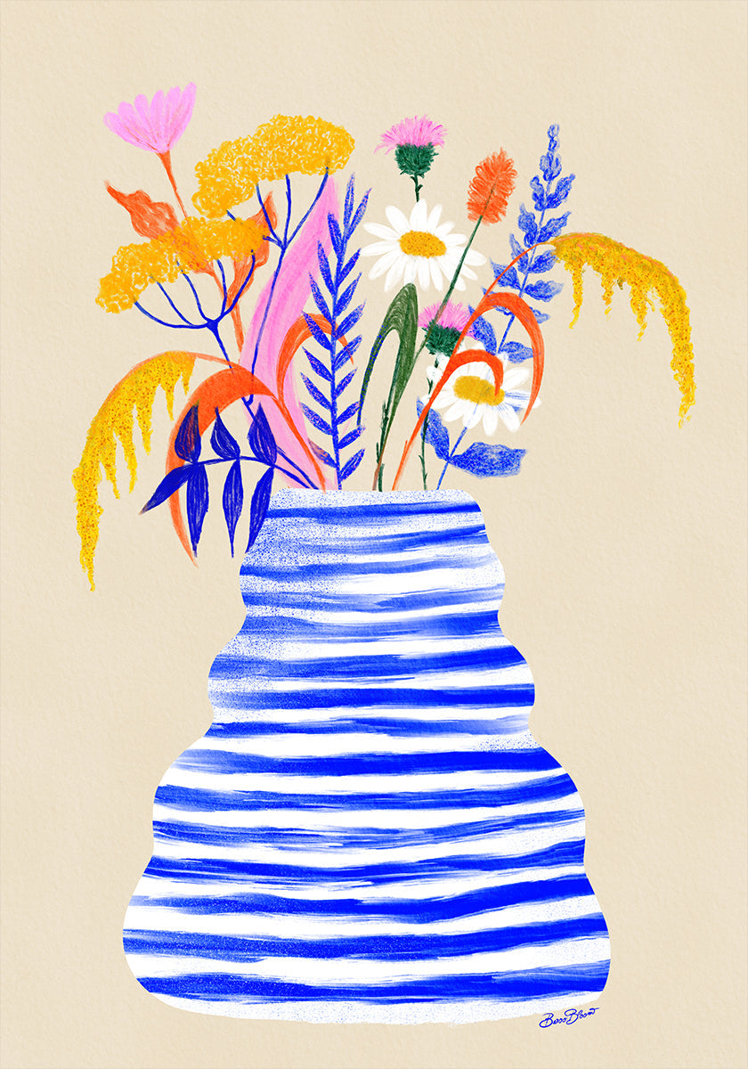 Happy Floral Vase with Stripes Poster