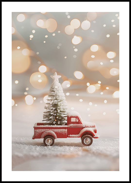 a red truck with a christmas tree on the back