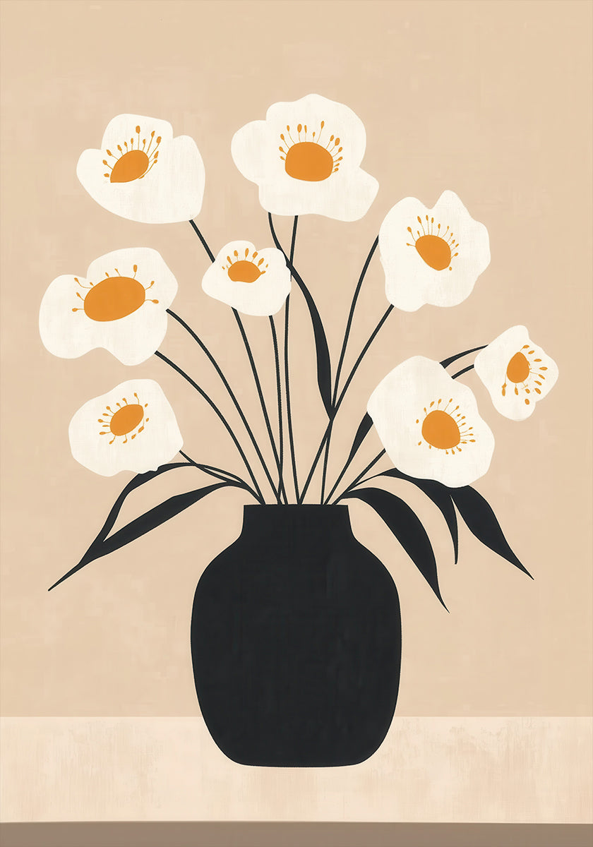 White Flowers in Black Vase Poster