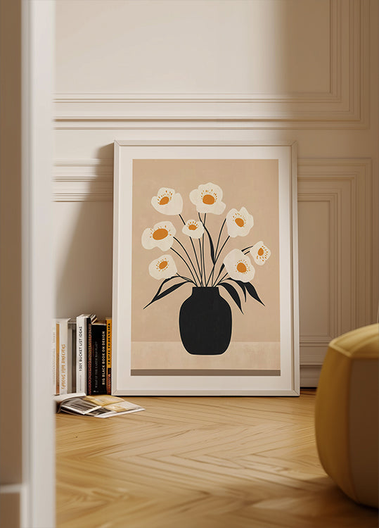 White Flowers in Black Vase Poster