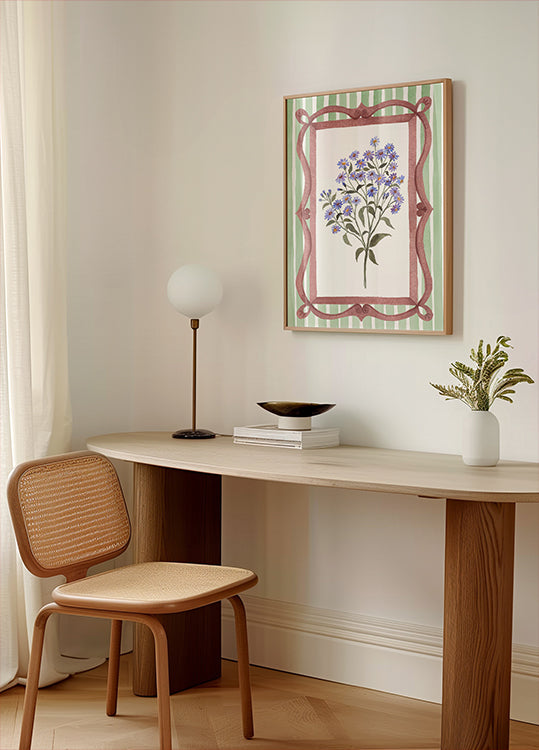 Asters in an Ornate Frame - Sage Green Stripes Poster