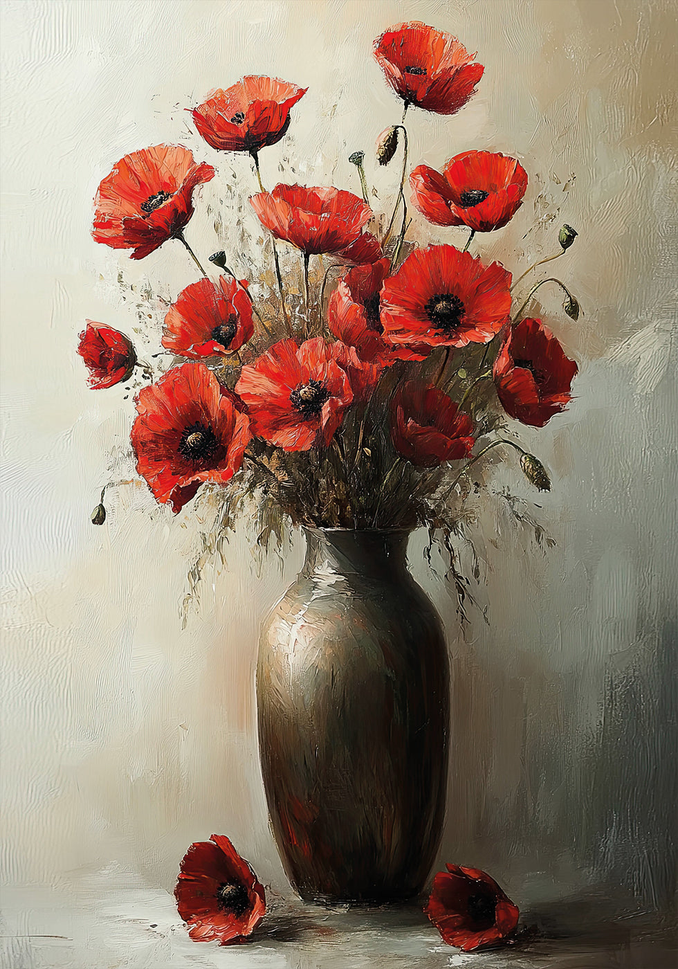 a painting of red flowers in a vase