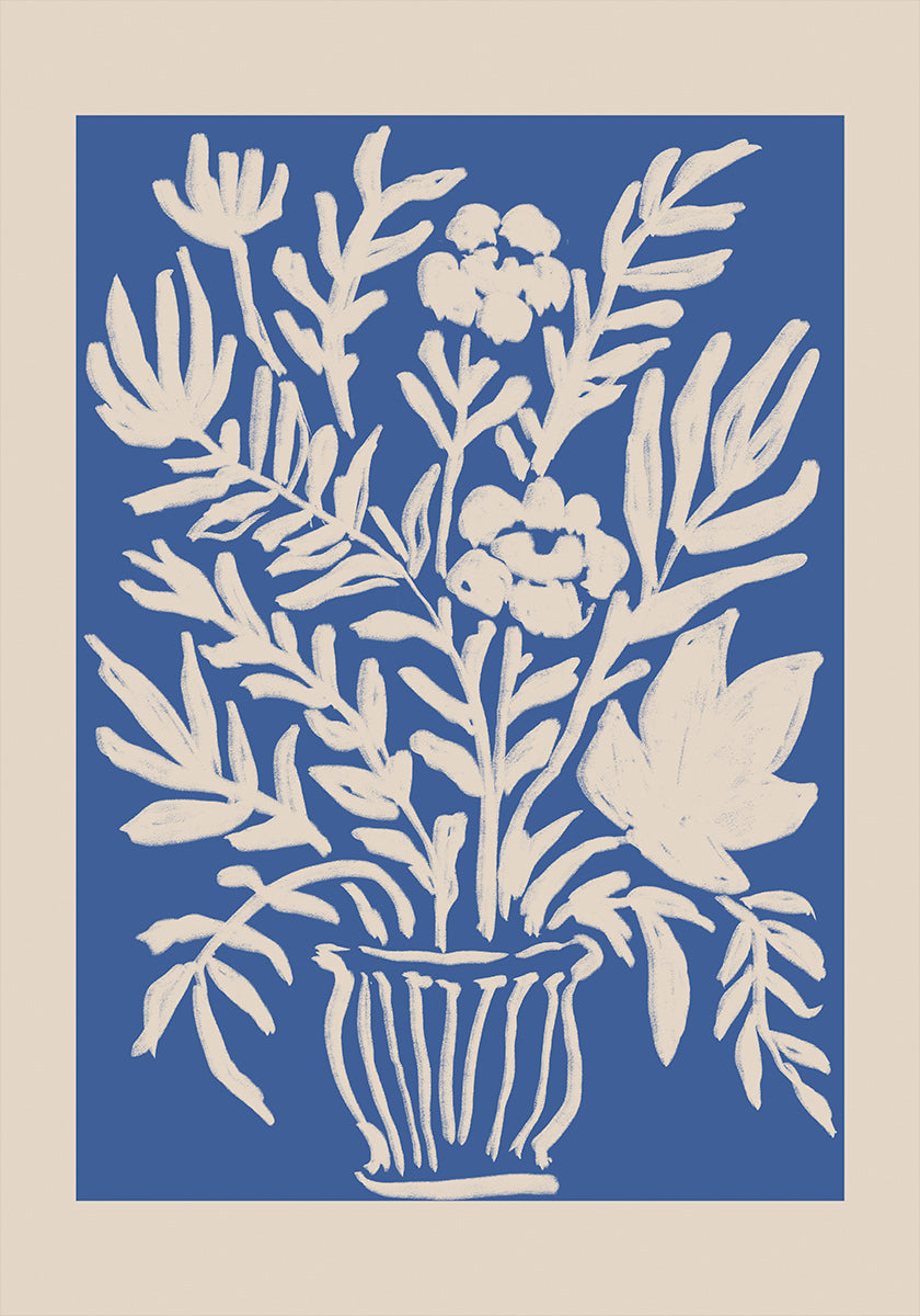 Cobalt Blue Floral Block Print Poster
