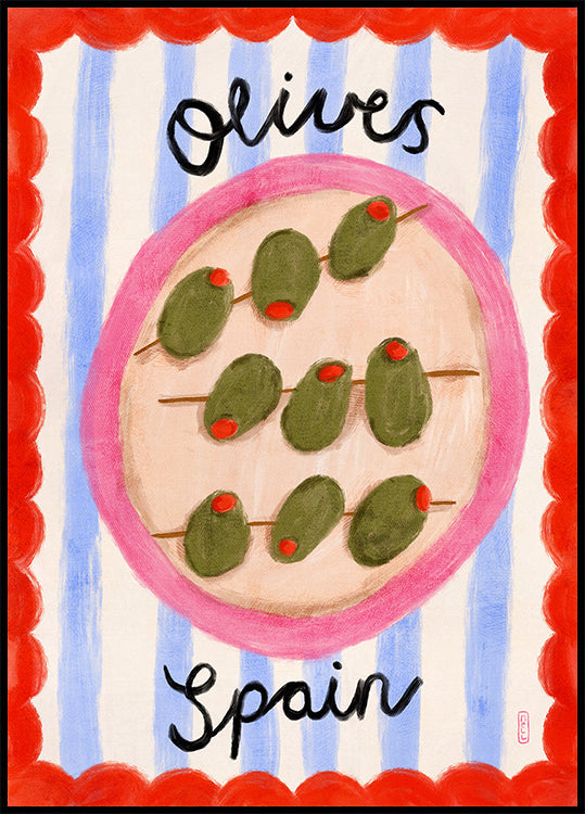 A Plate of Olives From Spain Food Illustration Poster