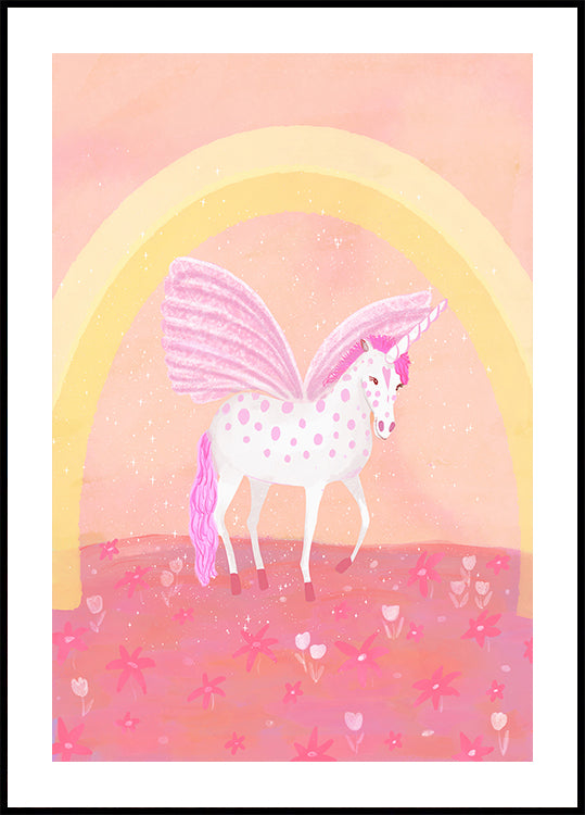 A white unicorn with pink spots stands on a field of pink flowers, with a rainbow arching behind it.