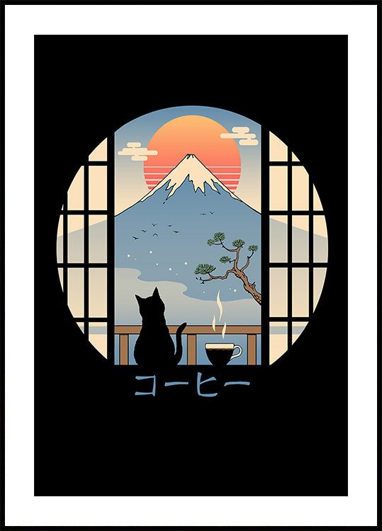 Coffee Cat In Mt. Fuji Poster