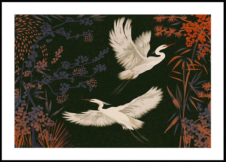 two white birds in flight against a dark green background, surrounded by colorful flowers and foliage.